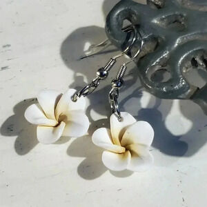 Handcrafted Fimo Polymer Clay White Hawaiian Plumeria Flower Bead Earrings